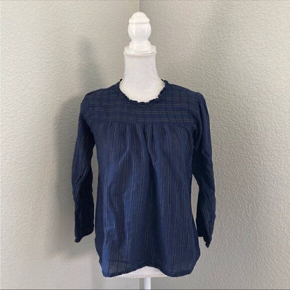 Anthropologie Maeve Navy Striped Long Sleeve Keyhole Back Pleated Blouse Size M - Picture 1 of 9